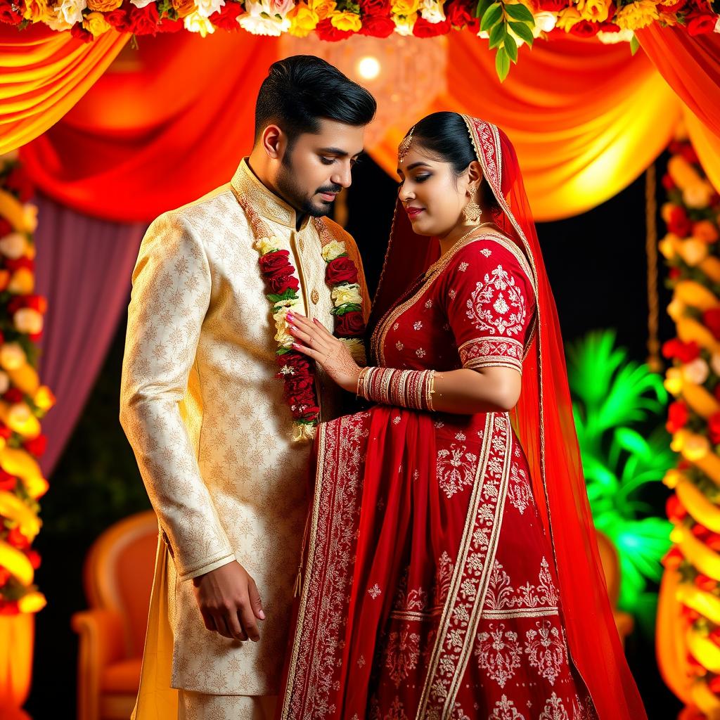 A sensual and elegant couple wearing traditional Indian wedding attire, exuding a captivating charm