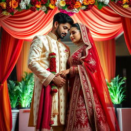 A sensual and elegant couple wearing traditional Indian wedding attire, exuding a captivating charm