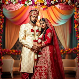 A sensual and elegant couple wearing traditional Indian wedding attire, exuding a captivating charm