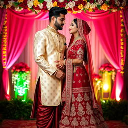 A sensual and elegant couple wearing traditional Indian wedding attire, exuding a captivating charm