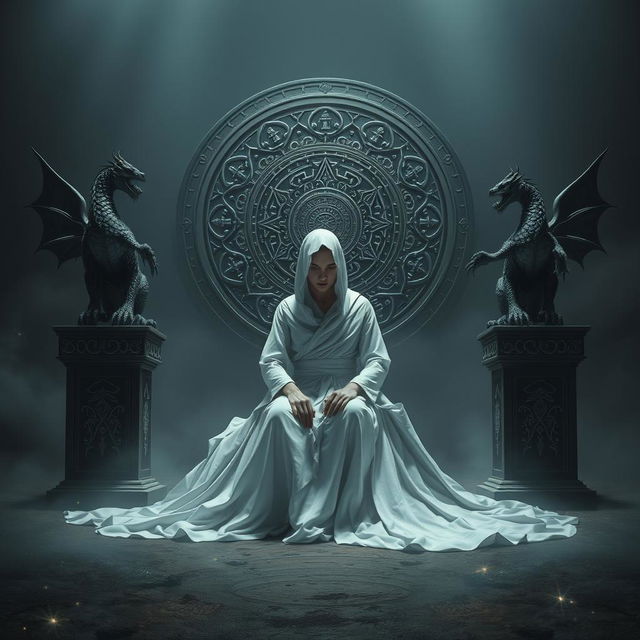 A central figure dressed in flowing white garments is seated elegantly, exuding an aura of mystery