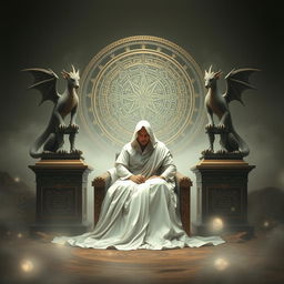 A central figure dressed in flowing white garments is seated elegantly, exuding an aura of mystery