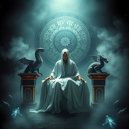 A central figure dressed in flowing white garments is seated elegantly, exuding an aura of mystery