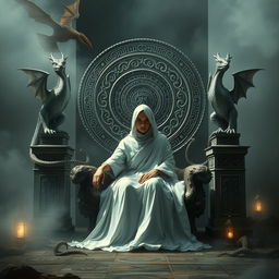 A central figure dressed in flowing white garments is seated elegantly, exuding an aura of mystery