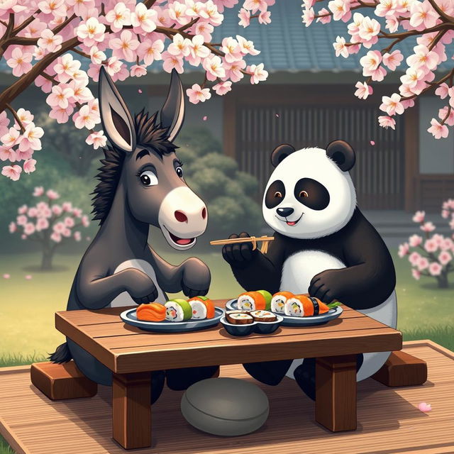 A donkey and a panda sitting together at a traditional Japanese-style low table, enjoying sushi