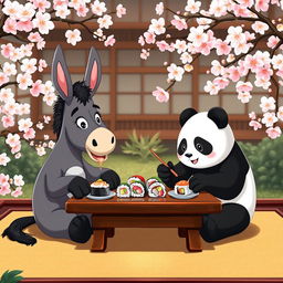 A donkey and a panda sitting together at a traditional Japanese-style low table, enjoying sushi