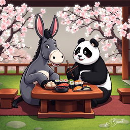 A donkey and a panda sitting together at a traditional Japanese-style low table, enjoying sushi