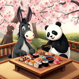 A donkey and a panda sitting together at a traditional Japanese-style low table, enjoying sushi