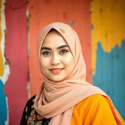 Portrait of a person wearing a hijab in front of a colorful wall, traditional attire, posed confidently, vibrant and stylish
