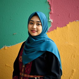 Portrait of a person wearing a hijab in front of a colorful wall, traditional attire, posed confidently, vibrant and stylish