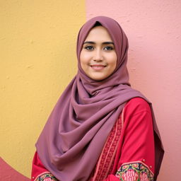 Portrait of a person wearing a hijab in front of a colorful wall, traditional attire, posed confidently, vibrant and stylish