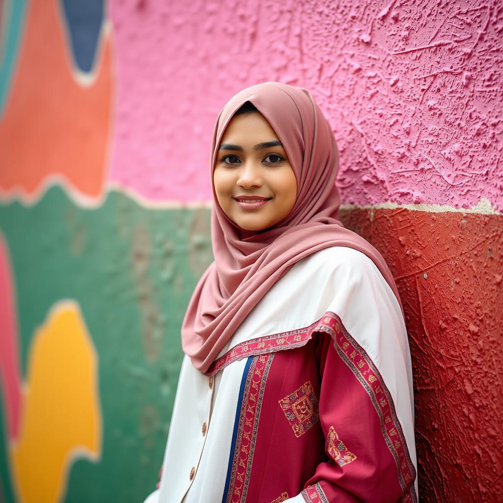 Portrait of a person wearing a hijab in front of a colorful wall, traditional attire, posed confidently, vibrant and stylish