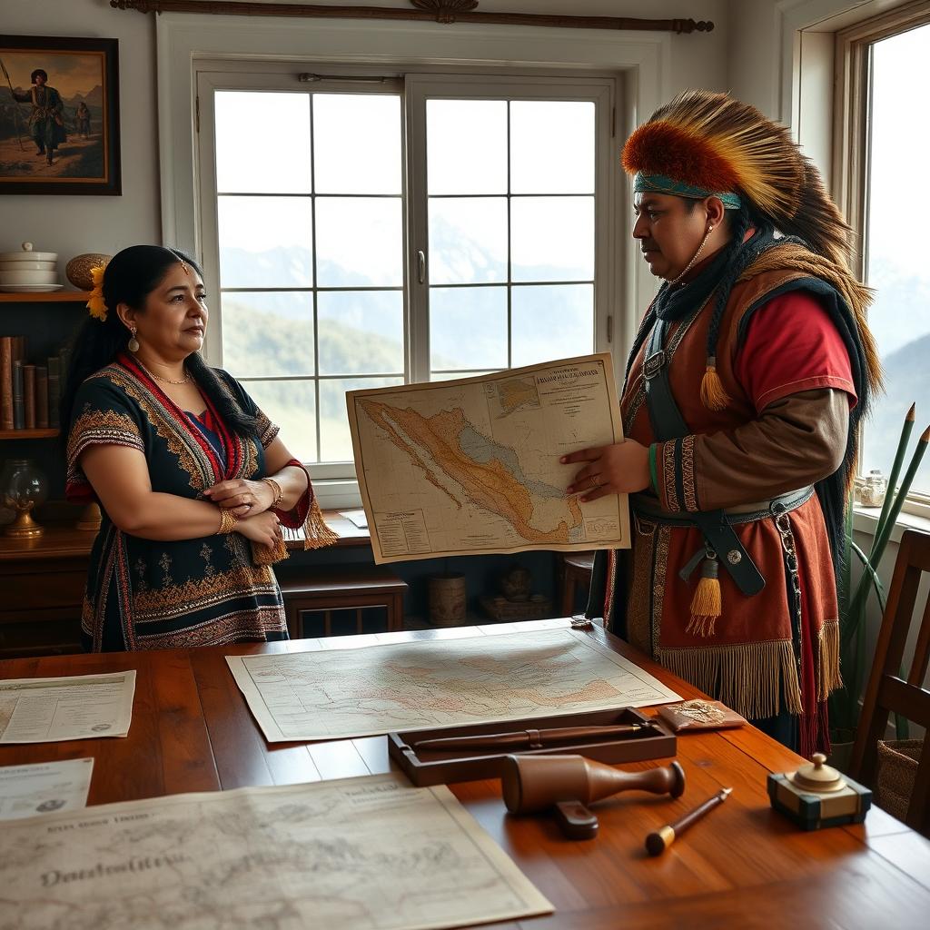 Micaela Bastidas and her husband, Tupac Amaru II, stand together in their home, fervently organizing their resistance plans