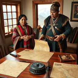 Micaela Bastidas and her husband, Tupac Amaru II, stand together in their home, fervently organizing their resistance plans