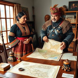 Micaela Bastidas and her husband, Tupac Amaru II, stand together in their home, fervently organizing their resistance plans