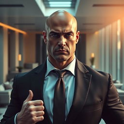 A bald, muscular businessman in an impeccably tailored suit, exuding power and authority