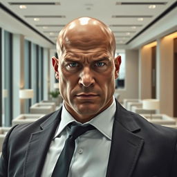 A bald, muscular businessman in an impeccably tailored suit, exuding power and authority