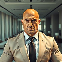 A bald, muscular businessman in an impeccably tailored suit, exuding power and authority