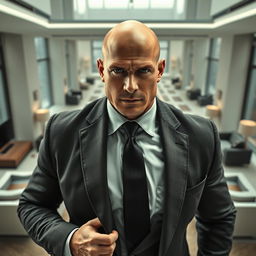 A bald, muscular businessman in an impeccably tailored suit, exuding power and authority