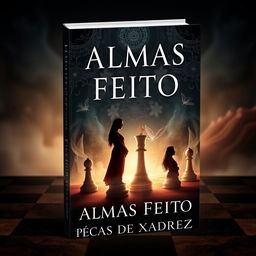 A striking book cover titled 'Almas Feito Peças de Xadrez'