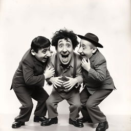 A comical and energetic scene featuring the classic trio, known as the Three Stooges, in a slapstick scenario