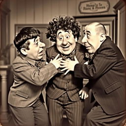 A comical and energetic scene featuring the classic trio, known as the Three Stooges, in a slapstick scenario