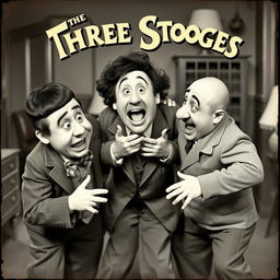 A comical and energetic scene featuring the classic trio, known as the Three Stooges, in a slapstick scenario