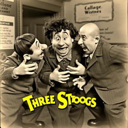 A comical and energetic scene featuring the classic trio, known as the Three Stooges, in a slapstick scenario