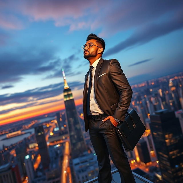 A dynamic depiction of success, featuring a confident businessperson standing at the top of a modern skyscraper, overlooking a bustling cityscape at twilight