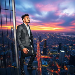 A dynamic depiction of success, featuring a confident businessperson standing at the top of a modern skyscraper, overlooking a bustling cityscape at twilight