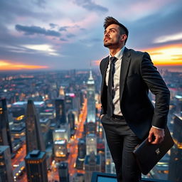 A dynamic depiction of success, featuring a confident businessperson standing at the top of a modern skyscraper, overlooking a bustling cityscape at twilight