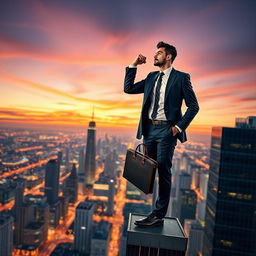 A dynamic depiction of success, featuring a confident businessperson standing at the top of a modern skyscraper, overlooking a bustling cityscape at twilight