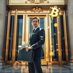 A striking portrayal of financial success, featuring a confident businessperson standing in front of tall gold-plated doors leading to a majestic bank or financial institution