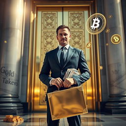 A striking portrayal of financial success, featuring a confident businessperson standing in front of tall gold-plated doors leading to a majestic bank or financial institution