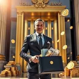 A striking portrayal of financial success, featuring a confident businessperson standing in front of tall gold-plated doors leading to a majestic bank or financial institution