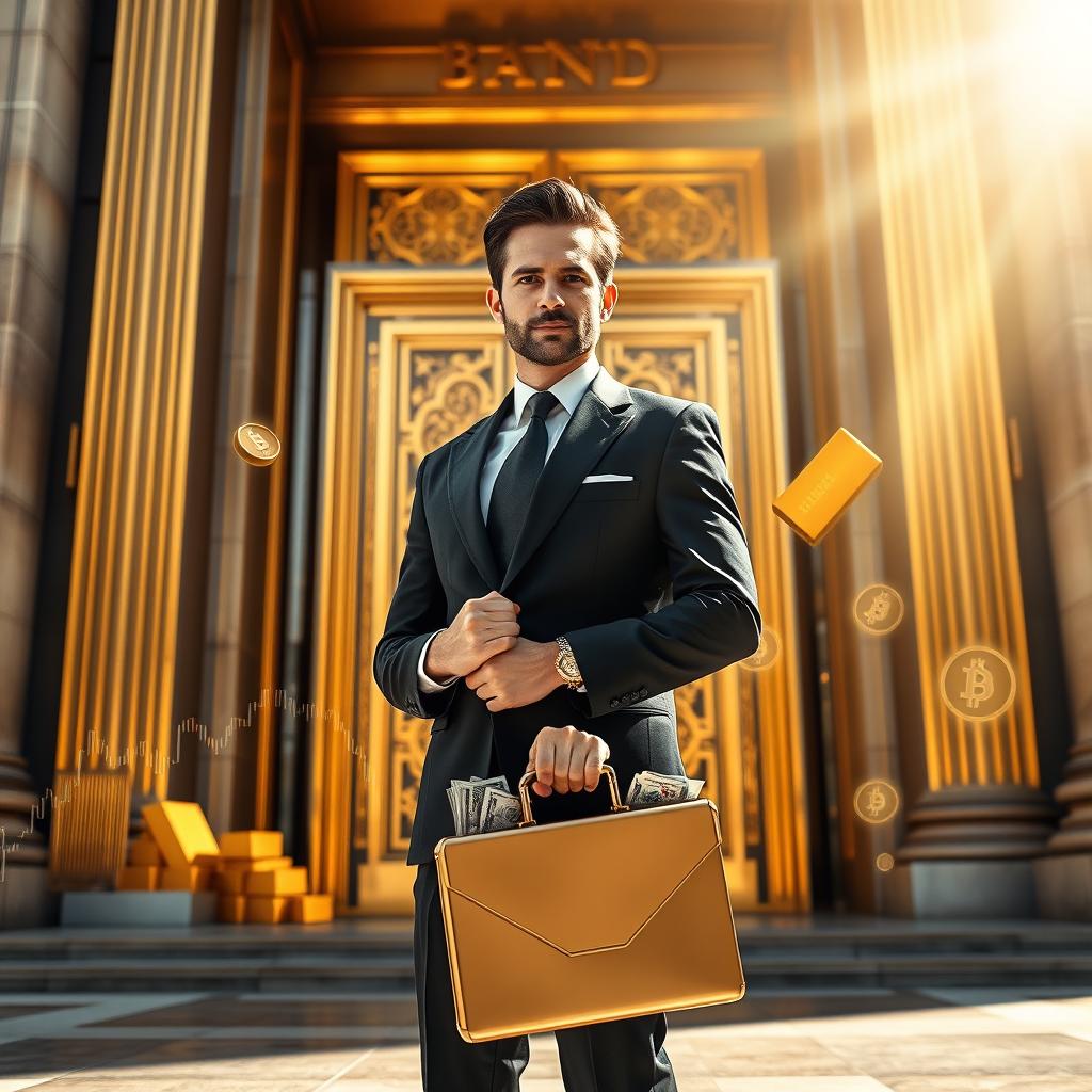 A striking portrayal of financial success, featuring a confident businessperson standing in front of tall gold-plated doors leading to a majestic bank or financial institution