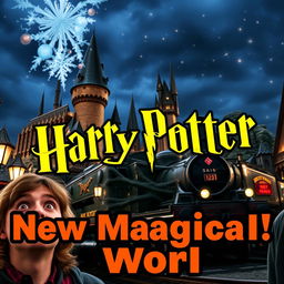 A high-resolution image of the new Harry Potter theme park at Universal Studios, featuring an iconic scene with Hogwarts castle and the Hogwarts Express