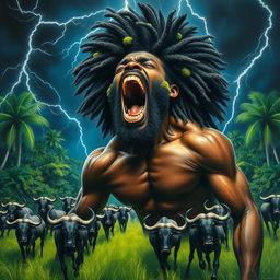 A polished, finished oil-based painting showcasing a full-body, macro up-close view of an epic, enraged, ferociously beautiful nude muscular dark chocolate-skinned black man