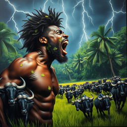 A polished, finished oil-based painting showcasing a full-body, macro up-close view of an epic, enraged, ferociously beautiful nude muscular dark chocolate-skinned black man