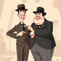 A digital illustration of the iconic comedy duo Laurel and Hardy, captured in a humorous and light-hearted pose