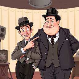 A digital illustration of the iconic comedy duo Laurel and Hardy, captured in a humorous and light-hearted pose