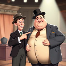 A digital illustration of the iconic comedy duo Laurel and Hardy, captured in a humorous and light-hearted pose