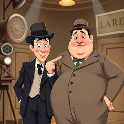 A digital illustration of the iconic comedy duo Laurel and Hardy, captured in a humorous and light-hearted pose