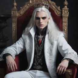 A young vampire king with piercing red eyes and flowing white hair, sitting confidently on his ornate throne.