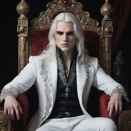 A young vampire king with piercing red eyes and flowing white hair, sitting confidently on his ornate throne.