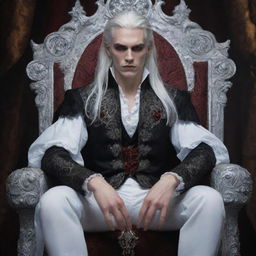 A young vampire king with piercing red eyes and flowing white hair, sitting confidently on his ornate throne.