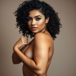 artistic representation of a confident 30-year-old woman with curly black hair, adopting a pose that accentuates her strong and empowered demeanor, shown in an implied nude style focusing on her powerful expression and self-assured presence, while tastefully obscuring any explicit areas with strategic lighting and shadows, set against a soft, neutral background that highlights her features and curves in an artistic manner