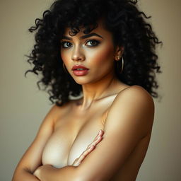 artistic representation of a confident 30-year-old woman with curly black hair, adopting a pose that accentuates her strong and empowered demeanor, shown in an implied nude style focusing on her powerful expression and self-assured presence, while tastefully obscuring any explicit areas with strategic lighting and shadows, set against a soft, neutral background that highlights her features and curves in an artistic manner