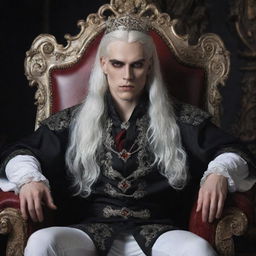 A young vampire king with piercing red eyes and flowing white hair, sitting confidently on his ornate throne.