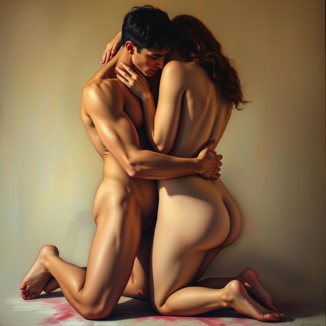 two figures intimately close together, one figure kneeling, hinting at a sensual interaction without explicit detail, capturing the mood through body language, soft shadows and smooth lighting, enhancing the sensual atmosphere